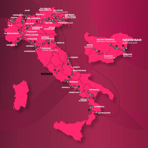 A stylized map of Italy and Bulgaria on a dark pink background, tracing the stage route of the Giro d'Italia. A black line connects the start and finish cities, beginning in Bulgaria (Nessebar, Sofia) and then crossing Italy from south to north. In Northern Italy, the alpine stages touching the towns of Andalo and Fai della Paganella are highlighted.