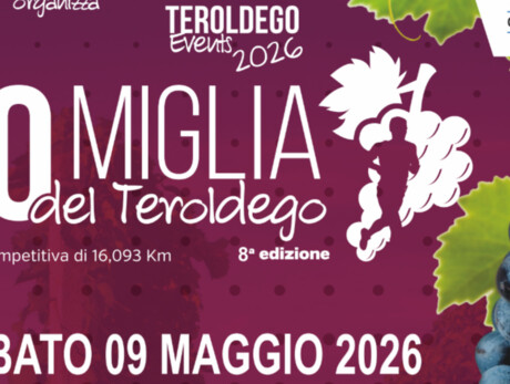 The image is the official poster for a competitive running event. The background is an intense wine-red (dark purple), decorated with a small polka-dot pattern and shades that evoke rows of grapevines.